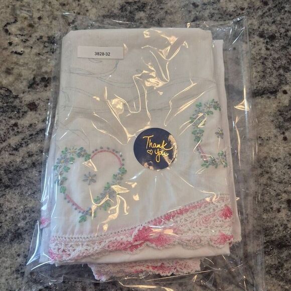 Pillowcases (2), White Cotton, Vintage Pink Variegated Crochet Heart Embroidery - Picture 3 of 12